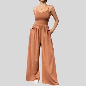 Boho Spaghetti Strap Wide Leg Jumpsuit With Pockets Brown